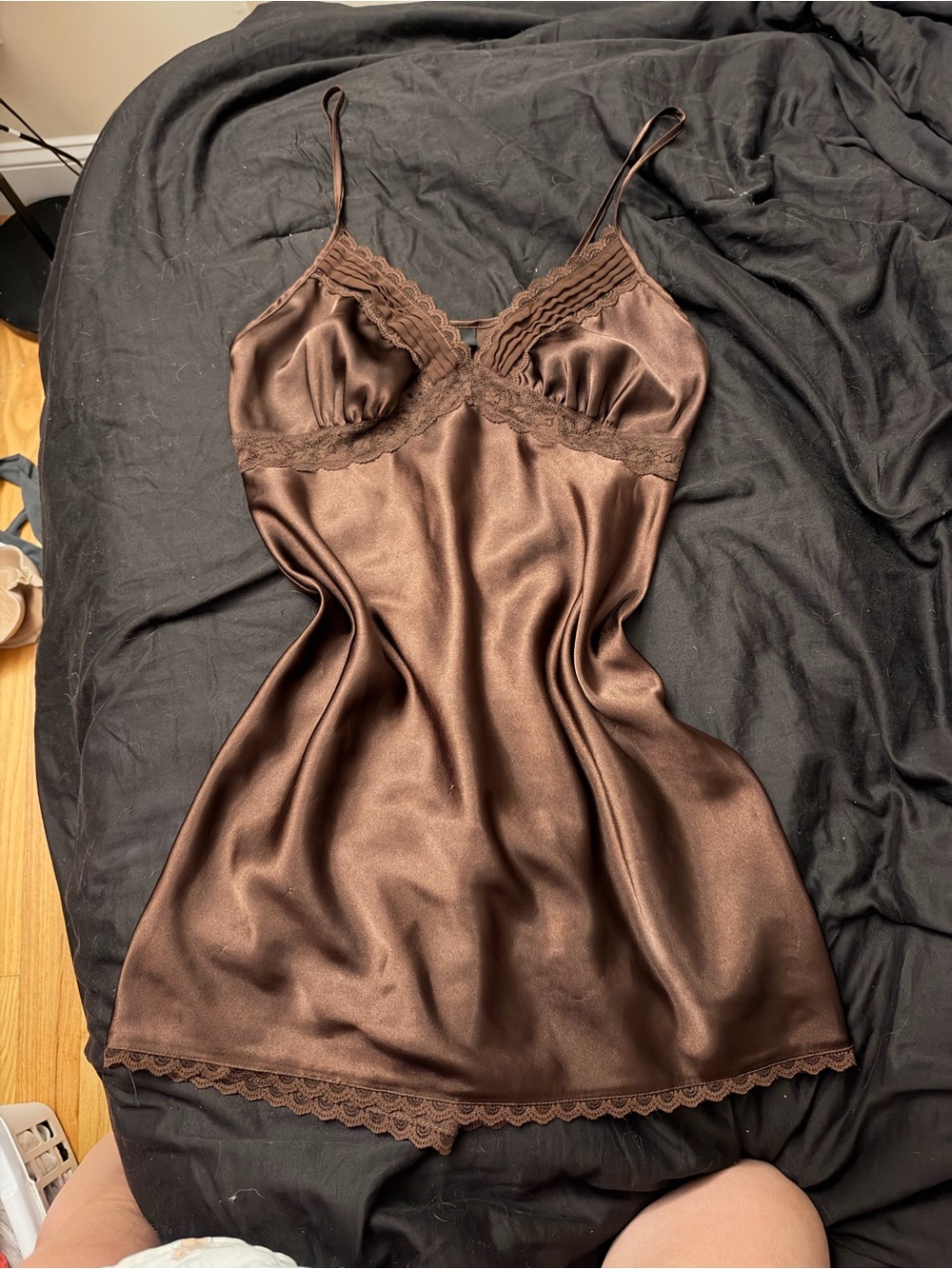 Secret Treasures Satin Lace Trim Chemise in Chocolate